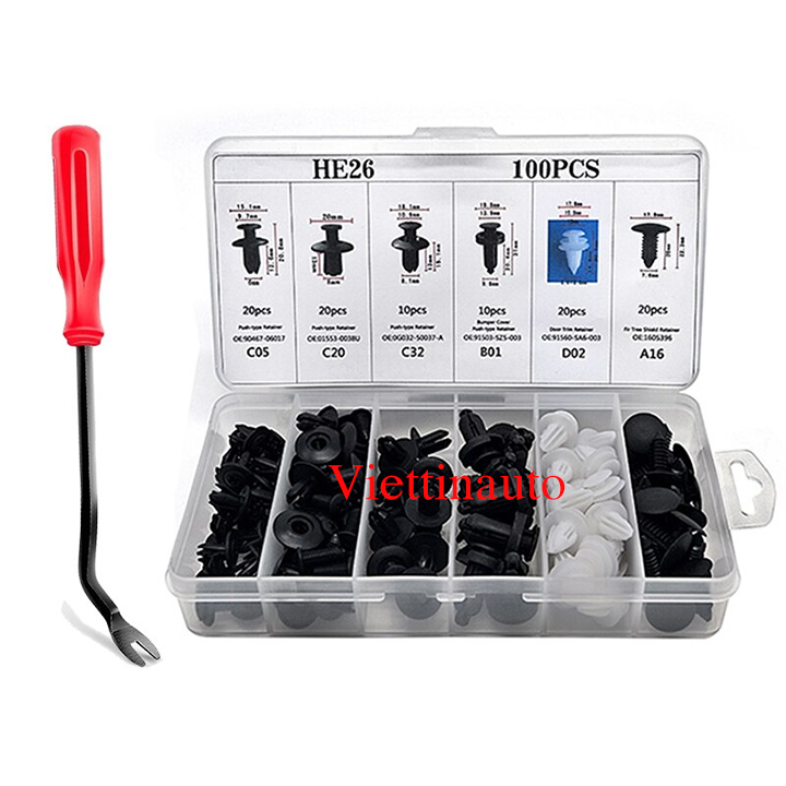 Hộp 100 loại Ốc chốt và Nở nhựa cho ô tô. Bộ phụ kiện Ốc lắp đặt và dụng cụ đi kèm