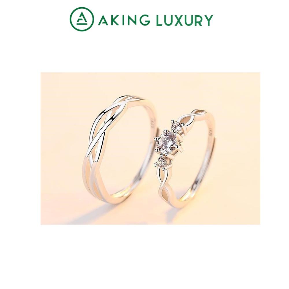 Nhẫn đôi AKING LUXURY AK03 cao cấp, nhẫn bạc nam trơn uốn lượn, nhẫn bạc nữ điểm xuyến đá tinh tế, mới nhất 2021
