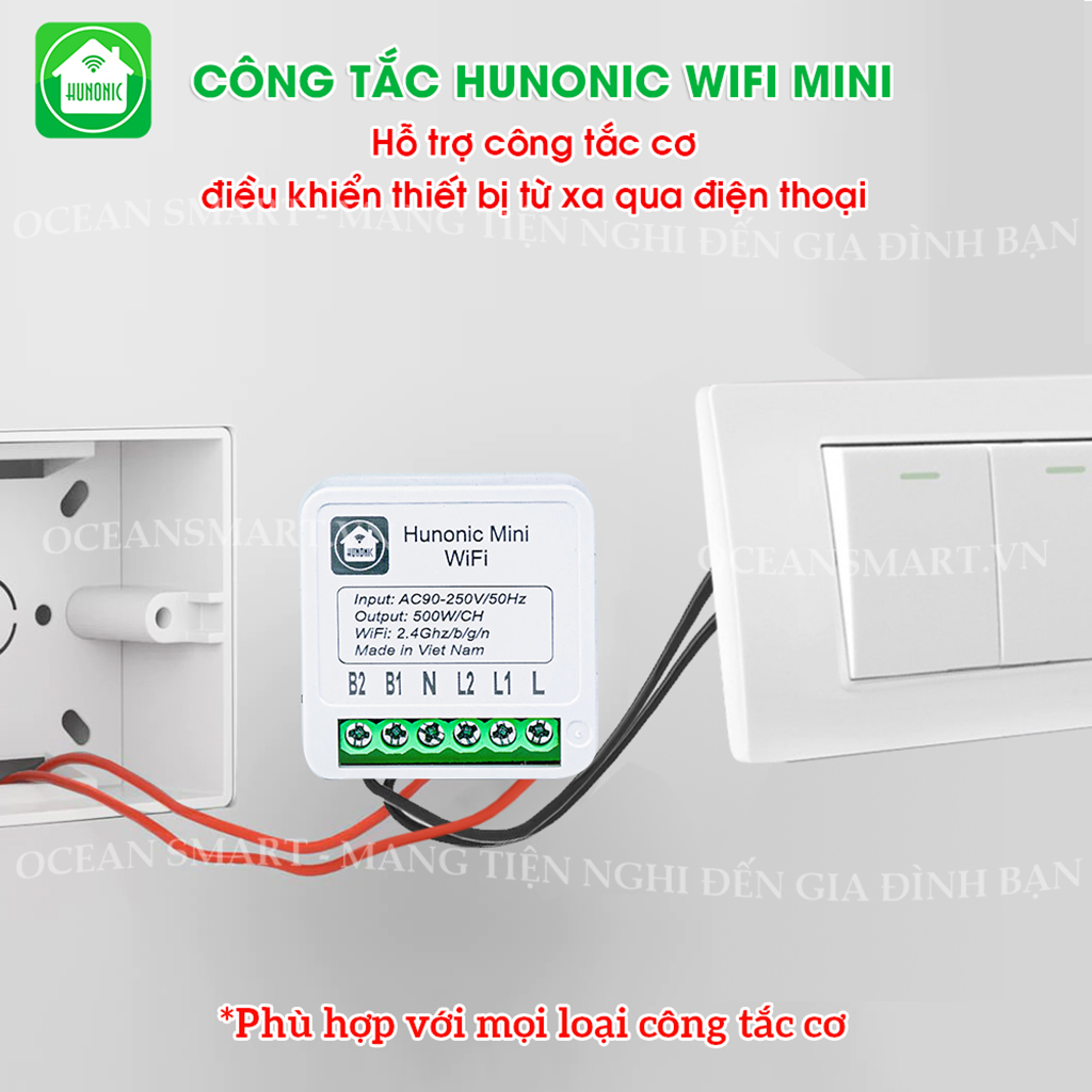 Công Tắc Thông Minh Wifi Hunonic Mini, Công Tắc Điều Khiển Từ Xa Qua Điện Thoại - HNMN02