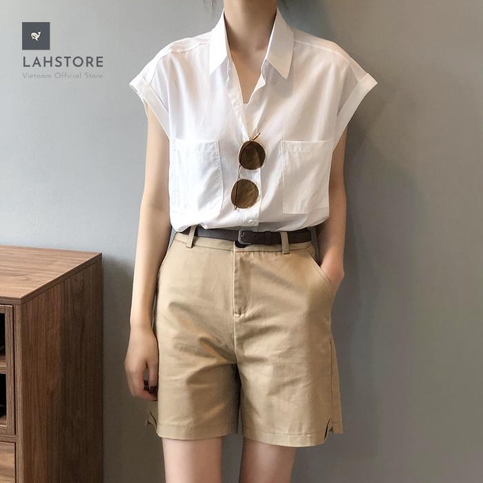 Áo sơ mi thô Linen nữ form rộng cổ bẻ 2 túi ngực trẻ trung LAHSTORE, phong cách Hàn Quốc