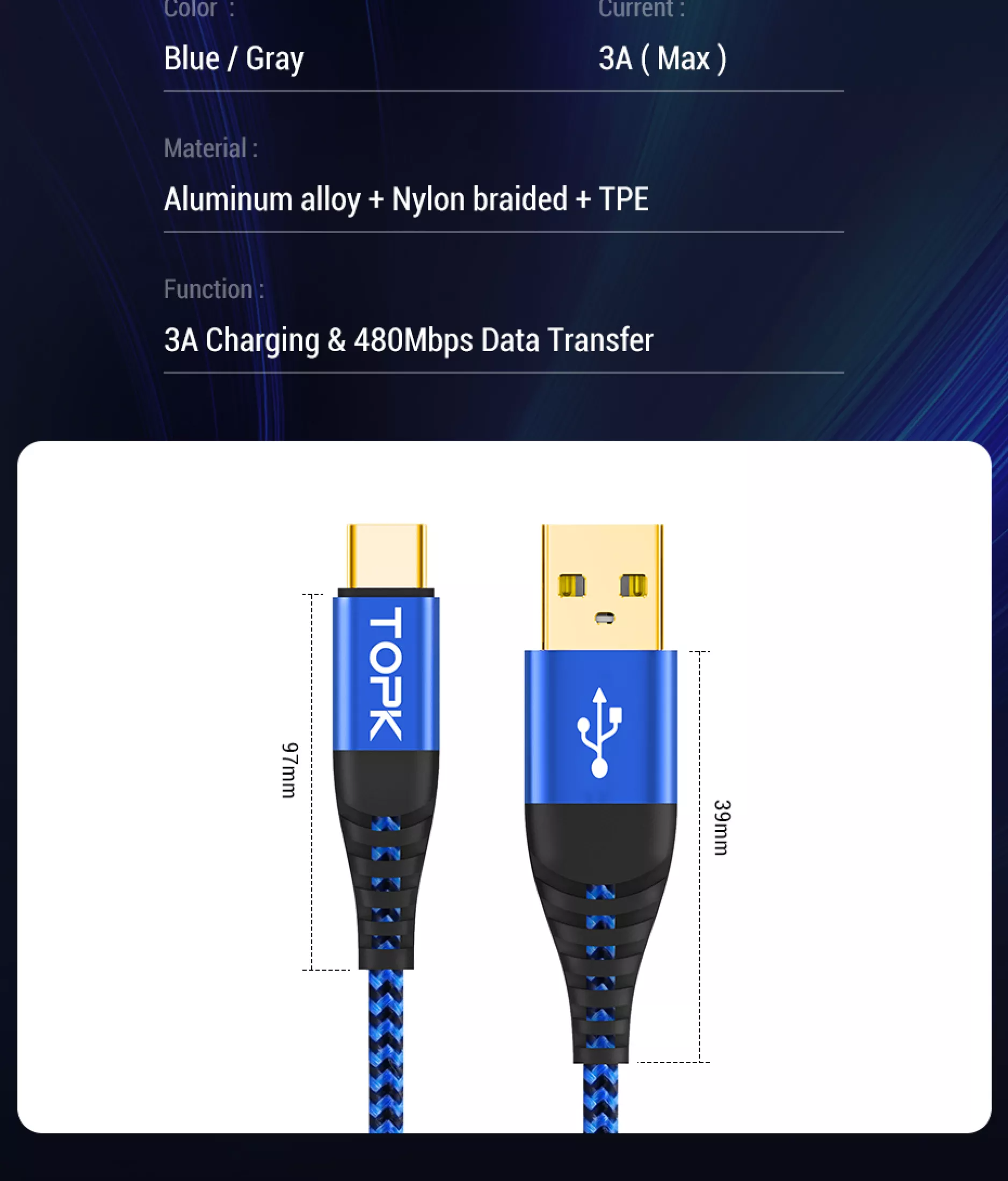 [HÀNG CHÍNH HÃNG] Cáp Sạc Nhanh TOPK AN24 USB Bện Nylon to Type-C Cho HUAWEI P40 OPPO A91 Samsung Galaxy M31 - Phân phối bởi TOPK VIỆT NAM