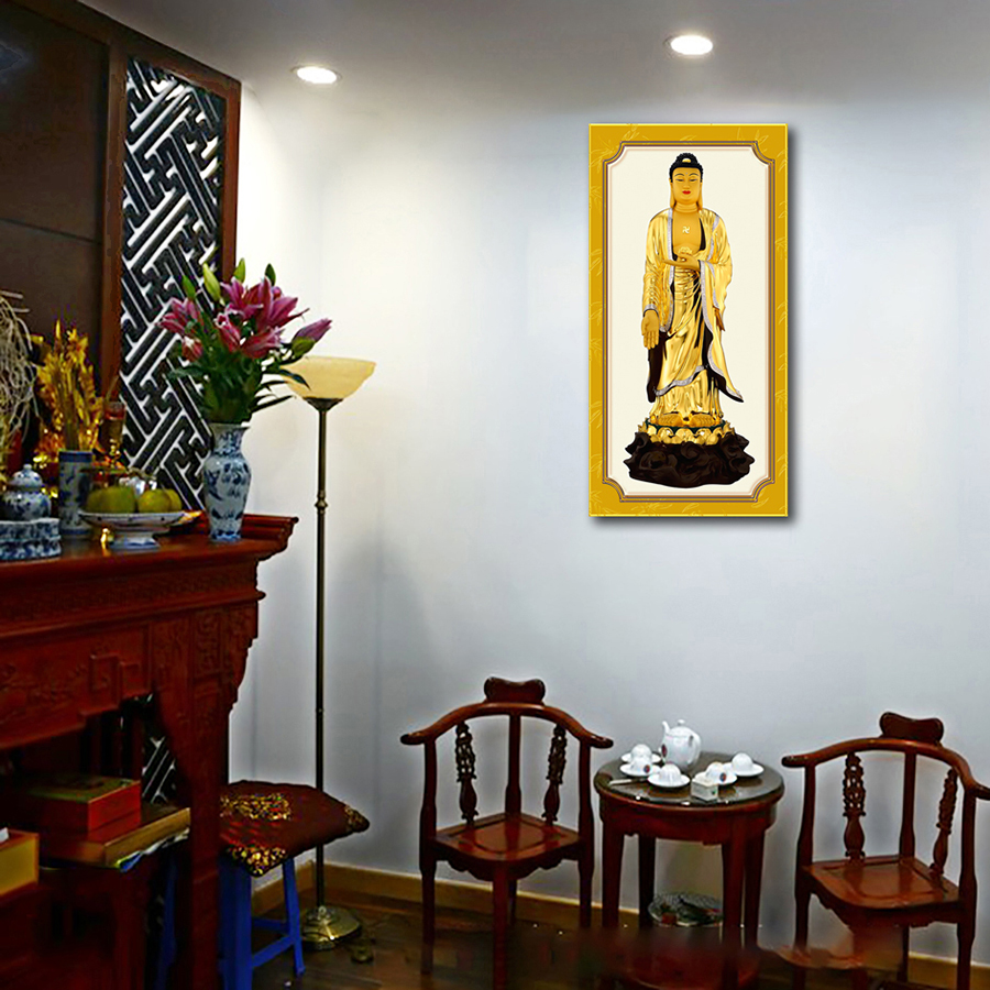 Tranh cán gỗ treo tường nhà cửa, phòng để thờ mẫu tam thánh, phật adida tượng vàng, Tranh Trang Trí Phật Giáo HPV-123