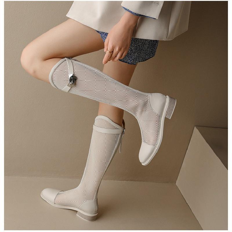 Giày Bốt Cao Gót Phối Lưới Mỏng Cổ Thấp Thoáng Khí Thời Trang Mùa Hè Cho Nữ