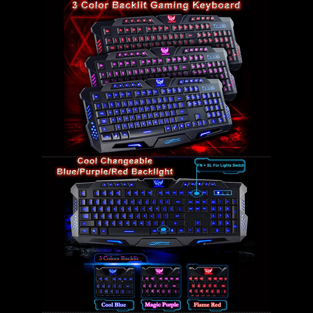 HSXJ V600 English 3 Backlight Wired Gaming Keyboard and Mouse Combo Optical Mice Adjustable DPI 114 Keys
