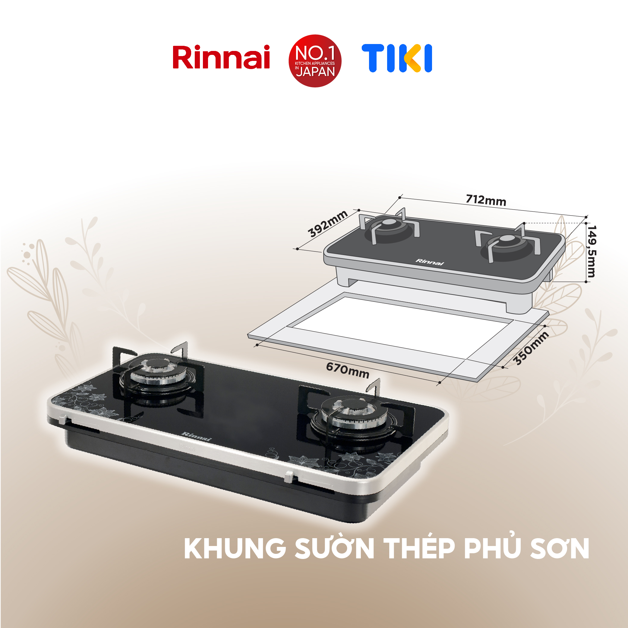 Bếp gas âm Rinnai RB-7902S-GBS(F) mặt bếp kính Schott và kiềng bếp men - Hàng chính hãng