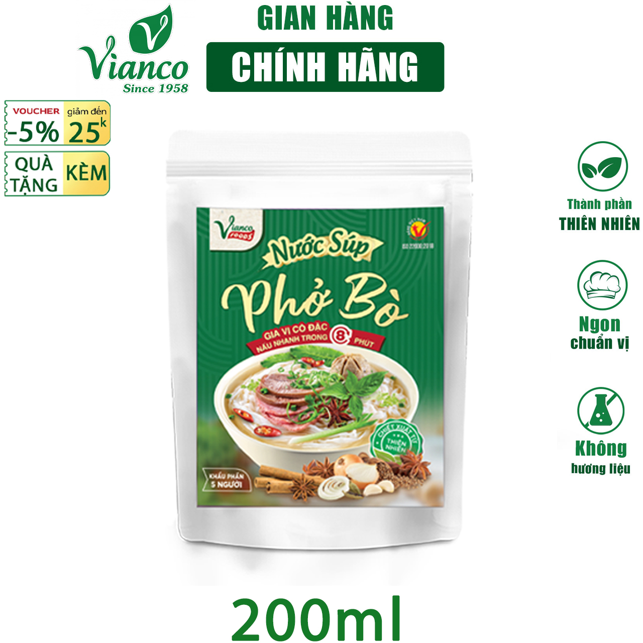 Combo 3 Gói Gia Vị Súp Cô Đặc Vị Phở Bò - Phở Gà - Bún Bò Huế gói 200ml Vianco Foods Tiện Lợi