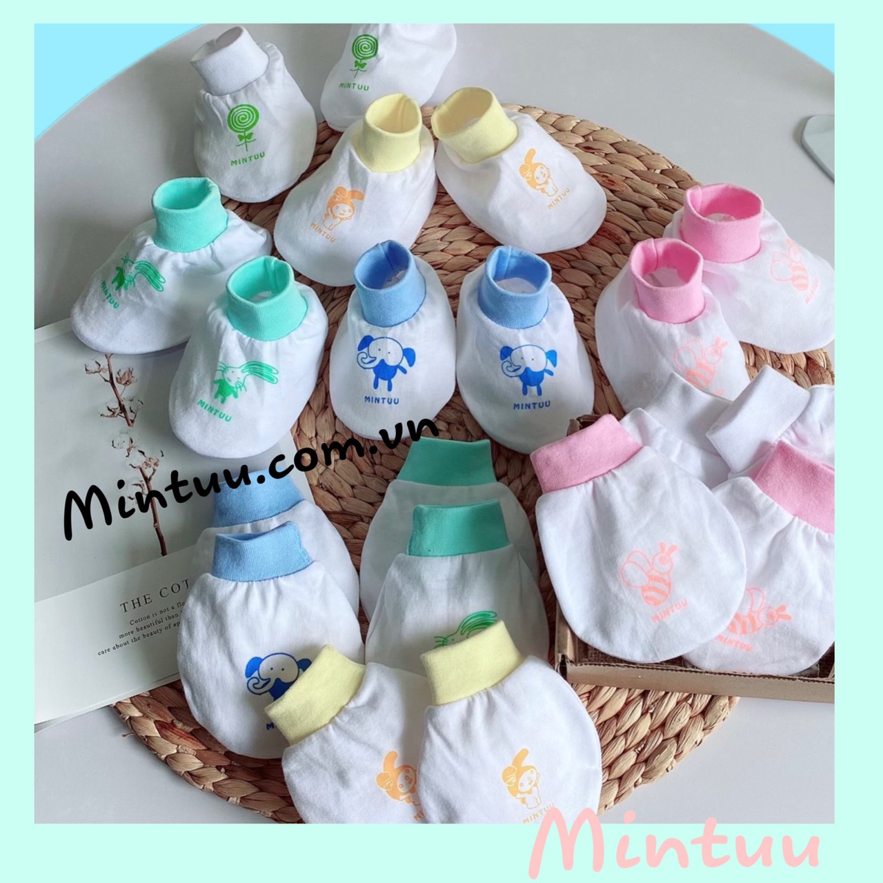 Bộ bao tay bao chân sơ sinh trắng cổ bo, thương hiệu MINTUU, chất liệu vải 100% cotton