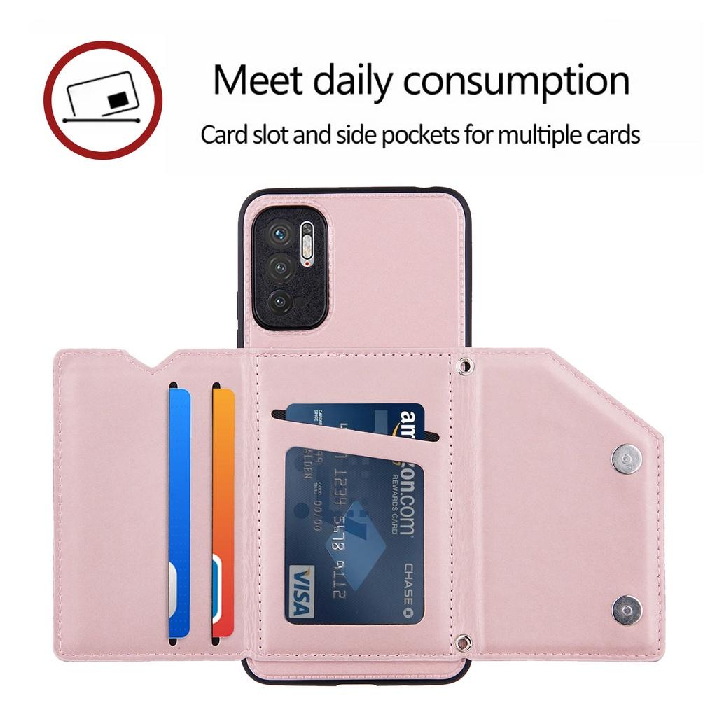 Ốp điện thoại da kiểu ví lật có ngăn đựng thẻ và dây đeo cổ tay cho Xiaomi Redmi Note 10 5G