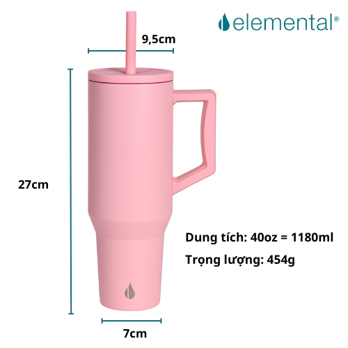 Ly giữ nhiệt Commuter Elemental 1180ml màu hồng thép không gỉ có tay cầm combo ống hút trân châu