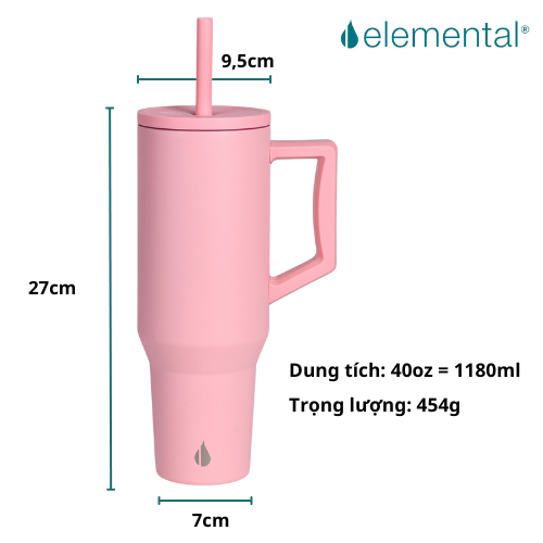 [Hàng chính hãng_Thương hiệu Mỹ] Ly giữ nhiệt Commuter Elemental 1180ml màu hồng thép không gỉ có tay cầm combo ống hút trân châu 