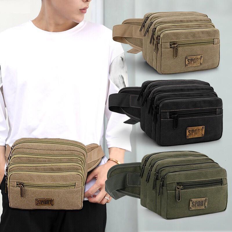 Túi bao tử đeo chéo, đeo thắt lưng vải canvas 5 ngăn thời trang nam T68 23x25x12cm và 21x13x10cm
