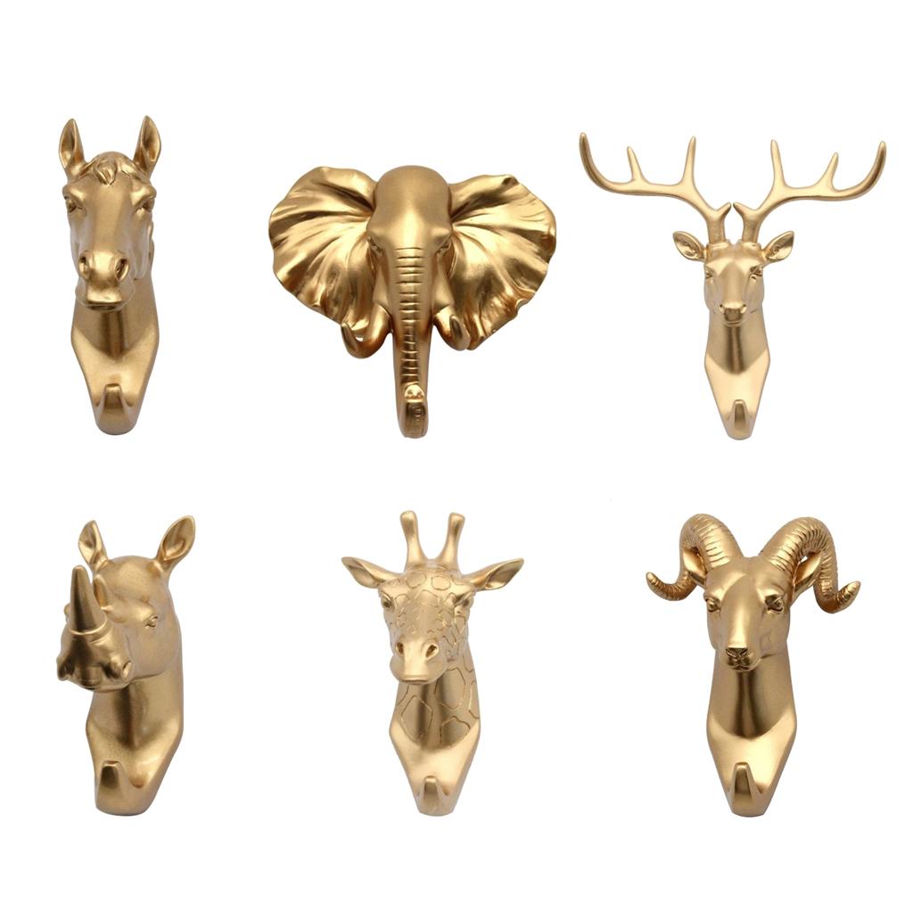 6Pcs Resin Animal Head Hook Key Hanger Rack Wall Mount Home Decor Gold