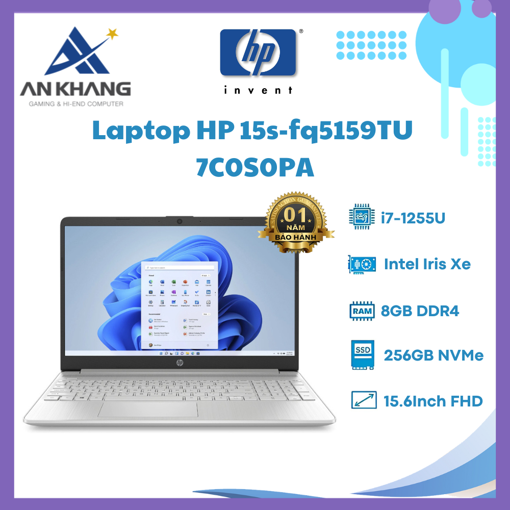 Laptop HP 15s-fq5159TU 7C0S0PA (Core i7-1255U | 8GB | 256GB | Iris Xᵉ Graphics | 15.6inch FHD | Windows 11 | Natural silver) - Hàng Chính Hãng