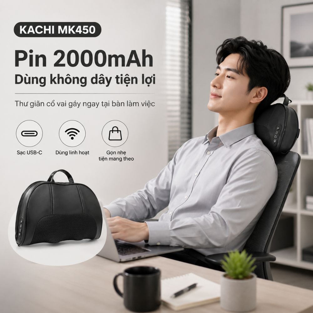 Gối Massage Cổ Vai Gáy Kachi MK450 – Công Nghệ Massage 4D Chườm Nóng - hàng chính hãng