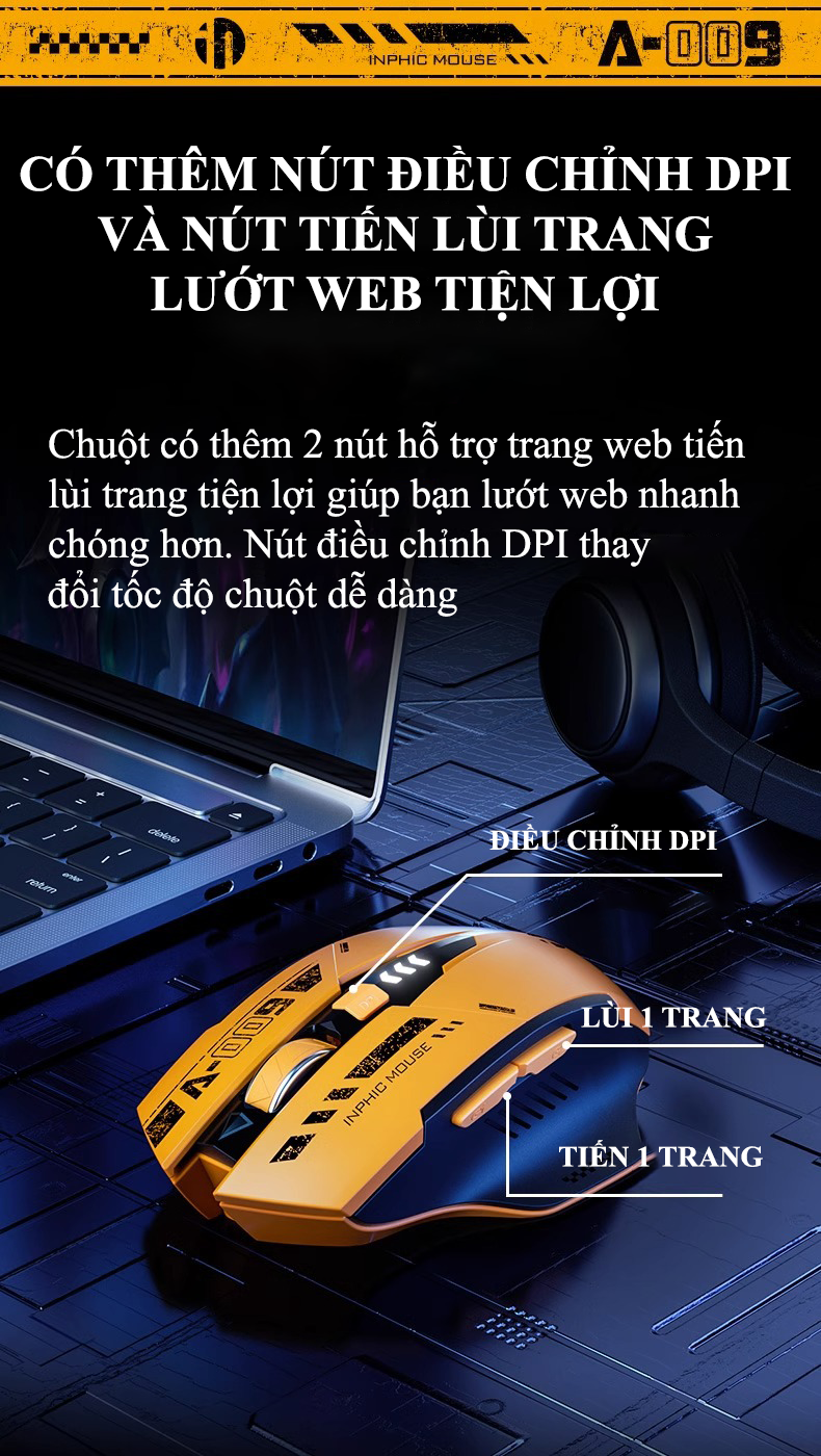 Chuột không dây INPHIC A9 sử dụng pin sạc kết nối Bluetooth và chip USB 2.4G thiết kế kiểu dáng xe đua cool ngầu dành cho game thủ - Hàng Chính Hãng