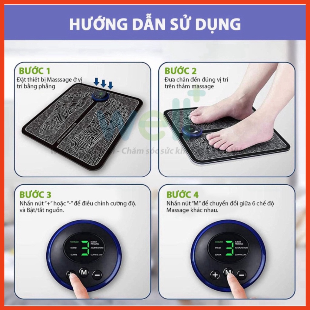 Thảm Massage Chân Xung Điện EMS Giảm Đau Mỏi, Thảm Massage Có Đèn Led Hiển Thị, 6 Chế Độ Mát Xa Bàn Chân - HÀNG CHÍNH HÃNG MINIIN