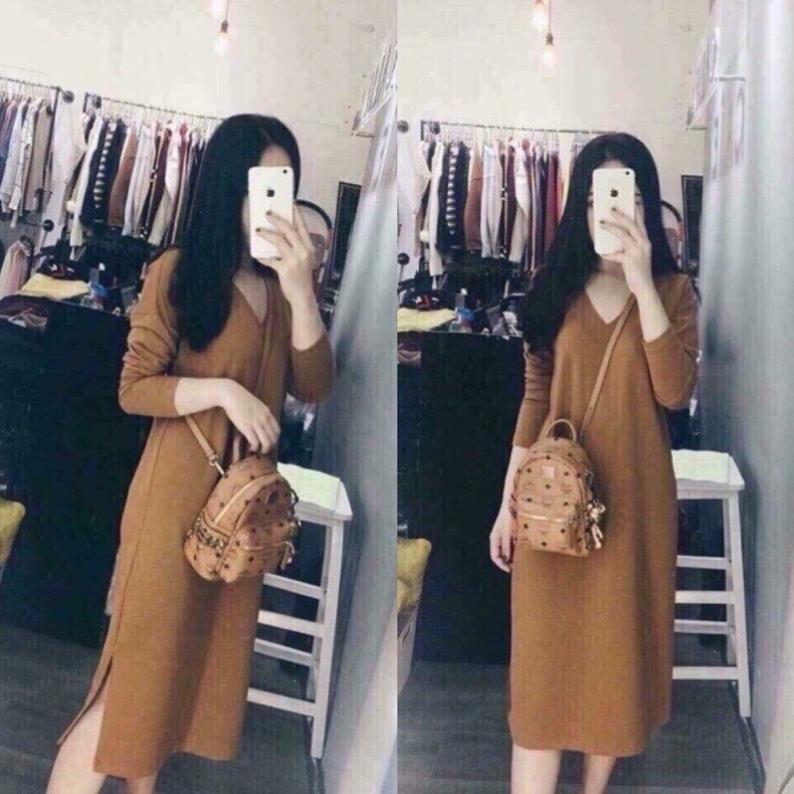 Váy suông cổ V dáng dài xẻ tà 3 màu trẻ trung