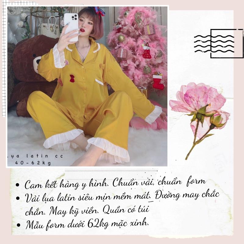 Đồ ngủ nữ, đồ bộ mặc nhà Pijama tiểu thư chất lụa latin tay dài quần dài dễ thương- Freesize dưới 62kg