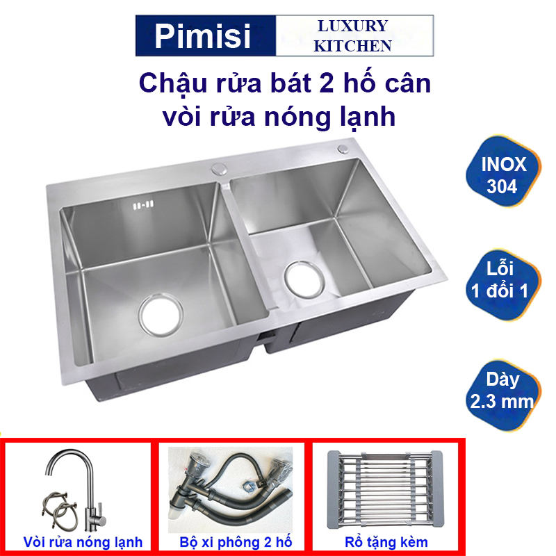 Chậu Rửa Bát Inox 304 Pimisi Đúc 2 Hố Cân, Lệch - Kích Thước 7843 - 8245 Cm Đầy Đủ Xi Phông Dùng Để Rửa Chén Bát Gắn Được Cả Âm Bàn Đá Hàng Chính Hãng - 82 X 45 Cân - Có Kèm Vòi
