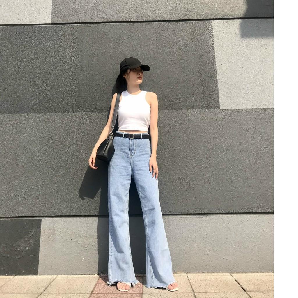 Quần jean nữ ống rộng lưng cao form suông Dài Cao Cấp để phối Hunter, Sneaker, Giày cao gót YUKIBLOOM QJD01