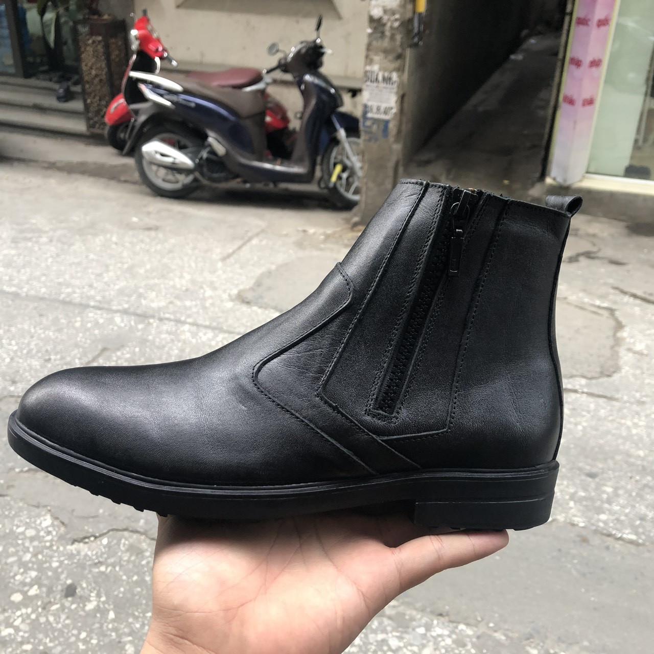 Giày Nam Chelsea Boot Cao Cổ Kéo Khóa Cao Câp SHOES 2H - 55 - Da Bò Thật Trơn Xịn Không Nhăn Màu Đen