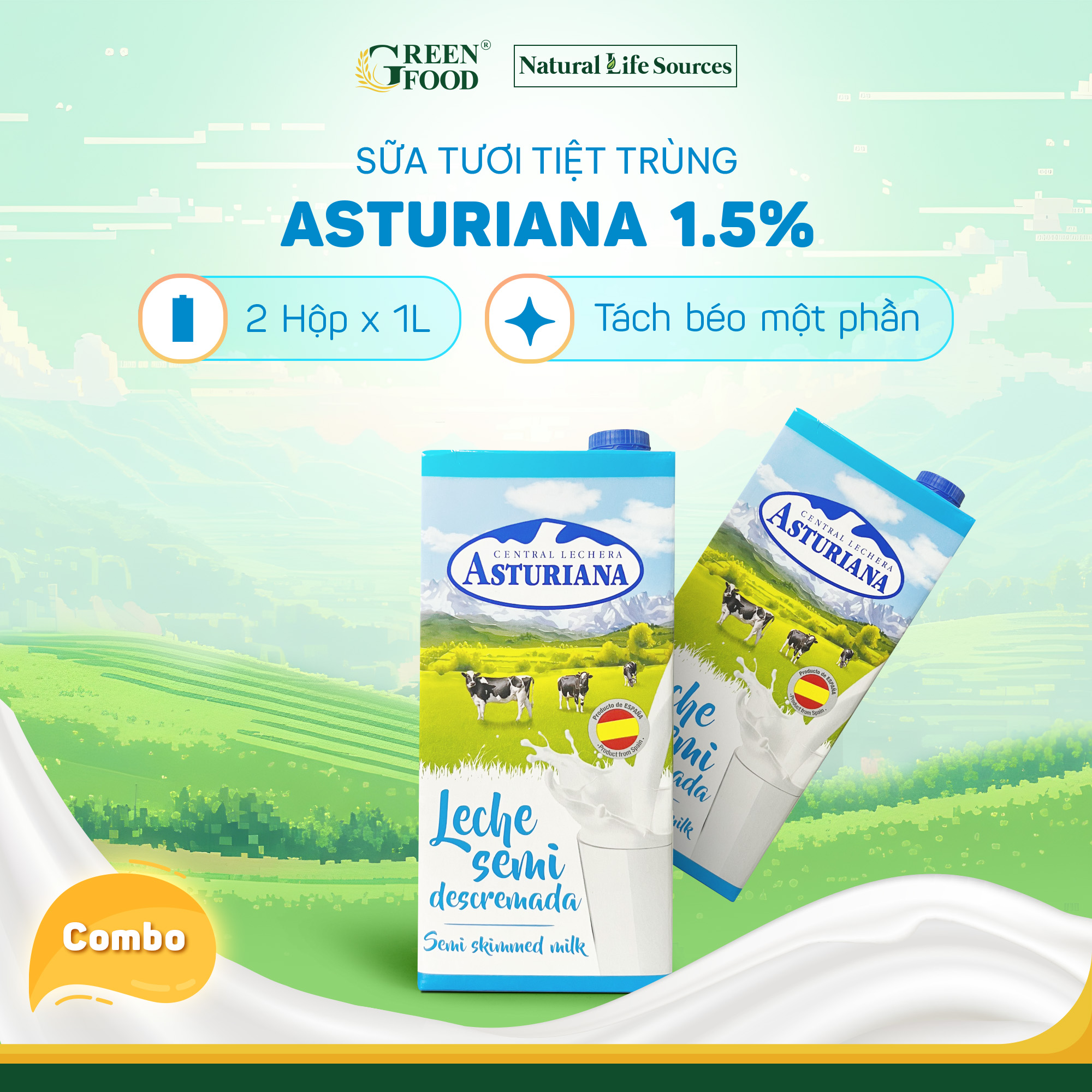 Hình ảnh Combo 2 Hộp Sữa Tươi Tiệt Trùng ASTURIANA tách béo 1 phần 1L - Béo ít 1,5%, Không Đường Phù hợp Ăn Kiêng, Nhập khẩu từ Tây Ban Nha