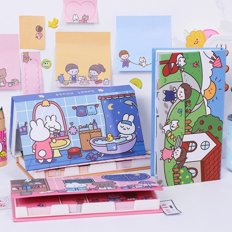 Hộp giấy nhớ, ghi chú, giấy note, giấy giao việc kiểu Hàn Quốc - Có hộp nhựa (480 giấy) - Nhiều màu
