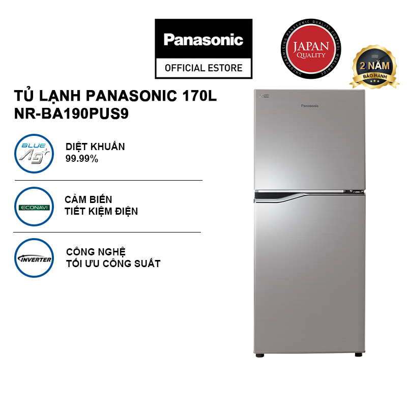 Tủ lạnh Panasonic Kháng Khuẩn 170L NR-BA190PUS9 - Siêu tiết kiệm điện Bộ Cảm biến Econavi - Ngăn Đá Trên - Hàng chính hãng