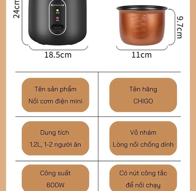 [KoSuyTu] Nồi Cơm Điện Mini ChiGo Chống DÍnh - Đa Năng Hầm, Nấu Cháo, Xào, Chiên Nhanh Chóng An Toàn - Dung Tích 1.2 Lít Nấu Cơm Cooker Nấu Ăn