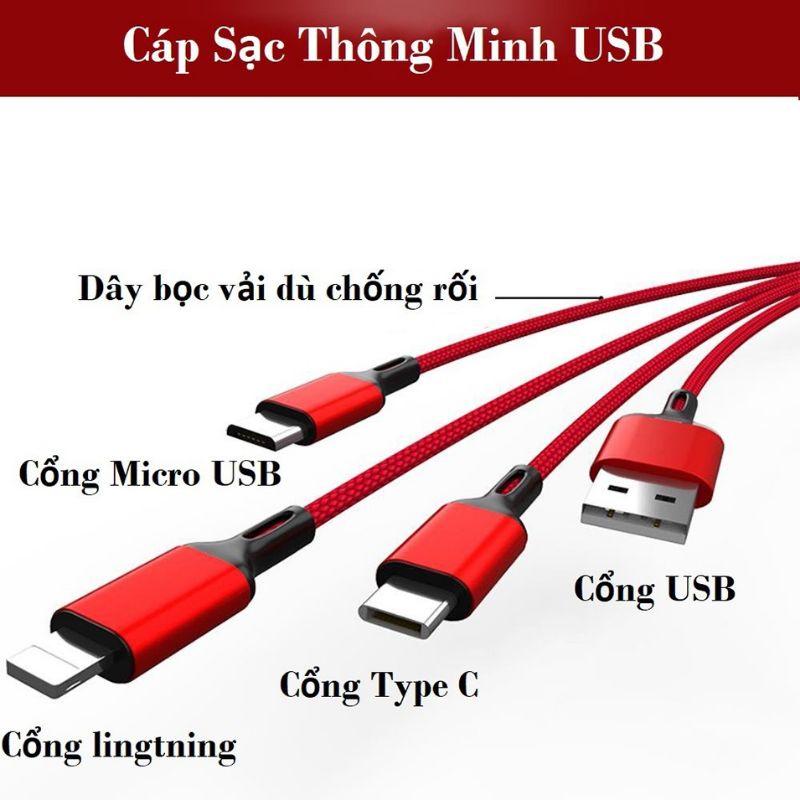 Cáp sạc 3 đầu bọc dù Lai ing, Micro, Type C (Chỉ sạc không truyền dữ liệu)