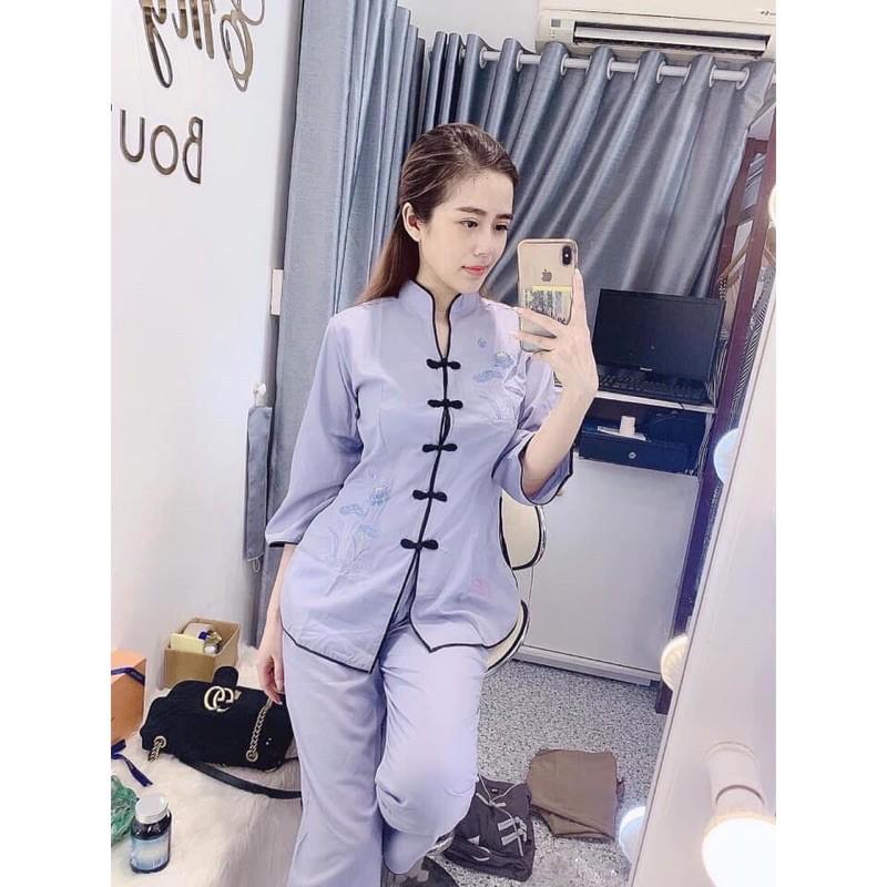 Quần áo phật tử Bộ bà lai cổ tàu thêu sen