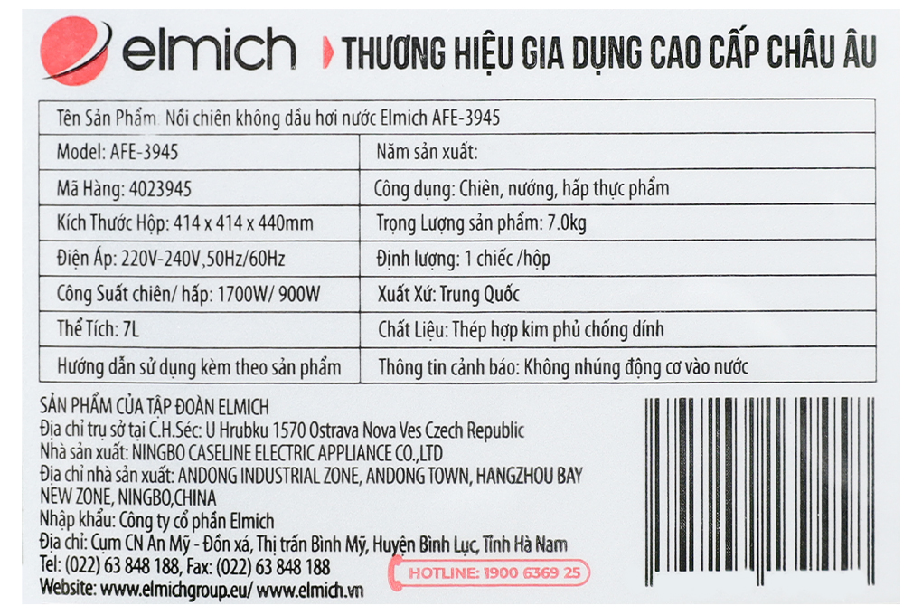 Nồi chiên không dầu hơi nước Elmich AFE-3945 7 lít - Hàng chính hãng