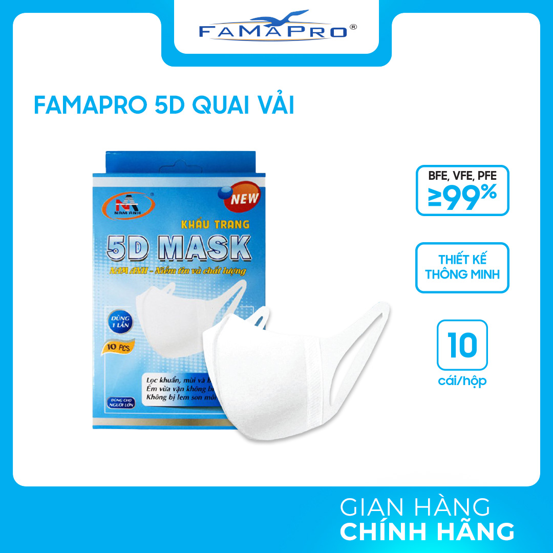 [HỘP - FAMAPRO 5D DÂY VẢI] - Khẩu trang y tế kháng khuẩn 3 lớp Famapro 5D Mask dây vải (10 cái/ hộp)