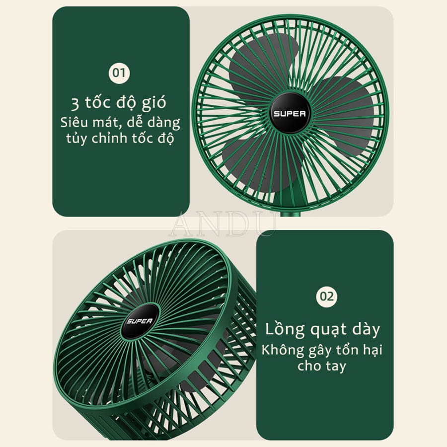 Quạt Tích Điện văn phòng Super Mini Để Bàn Gấp Gọn 3 Cấp Độ Có Thể Điều Chỉnh Độ Cao Cổng Sạc USB Siêu Tiện Lợi 2092