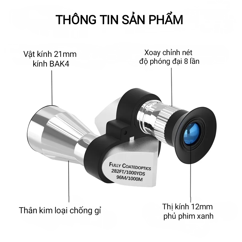 Ống lens cho điện thoại Ống nhòm mini một mắt 8x20 nhỏ gọn dễ sử dụng bỏ túi thân kim loại - Monocular 8x20 có thể gắn điện thoại quay phim chụp ảnh cho hình ảnh HD sắc nét