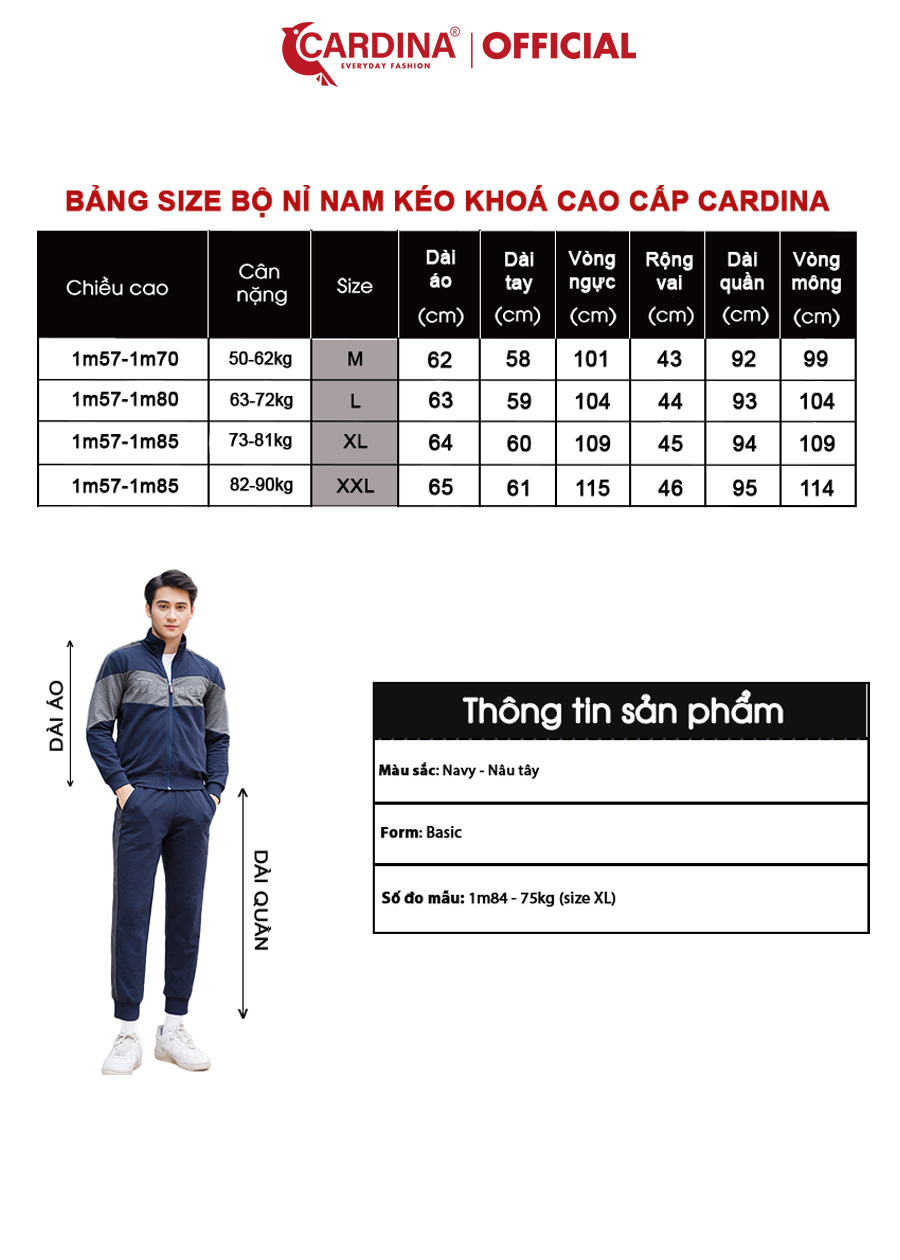 Đồ Bộ Nam CARDINA Chất Nỉ Da Cá Cao Cấp Kiểu Dáng Thể Thao Khóa Kéo Phong Cách 2NiM11