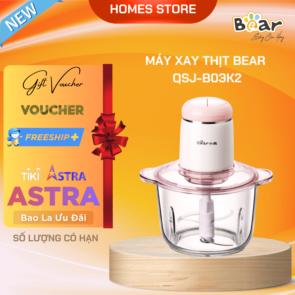 Máy Xay Thịt, Máy Xay Thực Phẩm Cực Êm Đa Năng BEAR QSJ-B03K2 Dung Tích 2 Lít, Công Suất 300 W - Hàng Chính Hãng