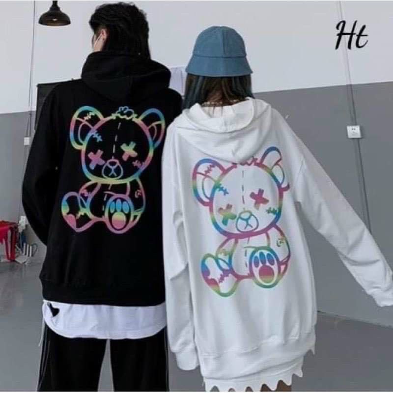 Áo Hoodie Phản Quang Gấu 2 Mặt, Áo khoác hoodie nam nữ, áo kiểu thu đông in gấu phản quang 7màu, mặc đôi nhóm, Áo hoodie phản quang cừu bạch dương