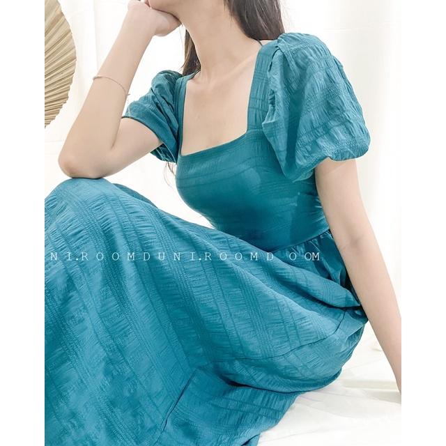 Bami dress - Đầm midi xanh hở lưng tay phồng