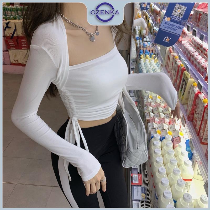 Áo croptop tay dài rút dây eo cổ thuyền nữ Ozenka , áo crt ôm body kiểu thun gân cotton màu đen trắng mặc đi chơi đi học