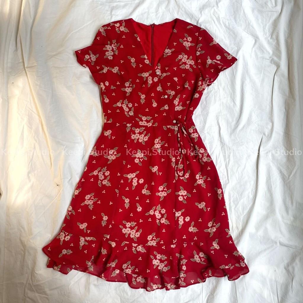 Váy Hoa Nhí Nữ Màu Đỏ Tiểu Thư Đầm Hoa Đỏ Voan Tơ Uzllang