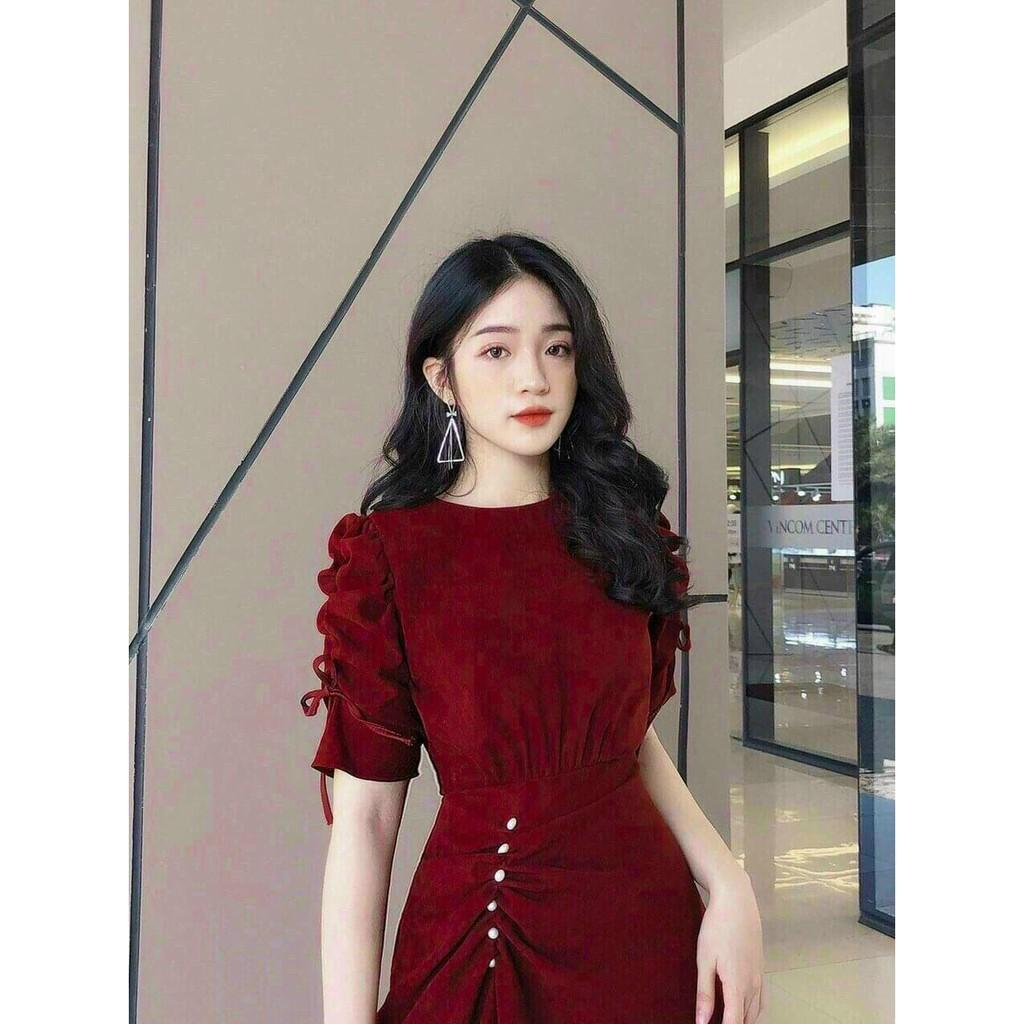 Đầm nữ fom dài kết cườm rút dây eo thời trang