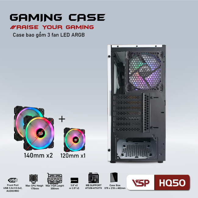 Vỏ máy tính Case VSP HQ50 [TRẮNG] sẵn 3 Fan LED ARGB Gaming Kính cường lực (ATX, Micro-ATX, ITX) - Hàng chính hãng Tech Vision phân phối