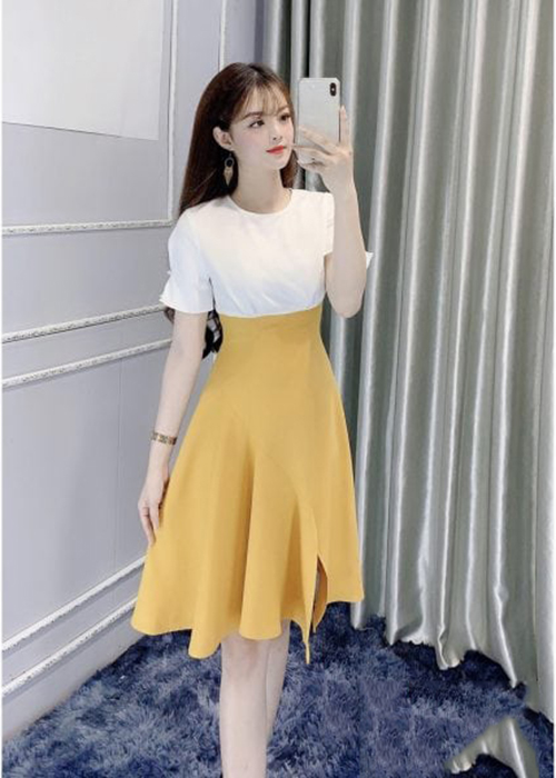 Đầm Công Sở Dáng Suông Eo Ôm Xẻ Chân Váy – A028 Màu Vàng Phối Trắng
