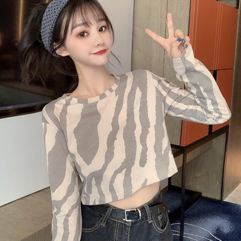 Áo crop top thời trang cho phái nữ tay dàI dáng rộng họa tiết sọc ngựa vằn