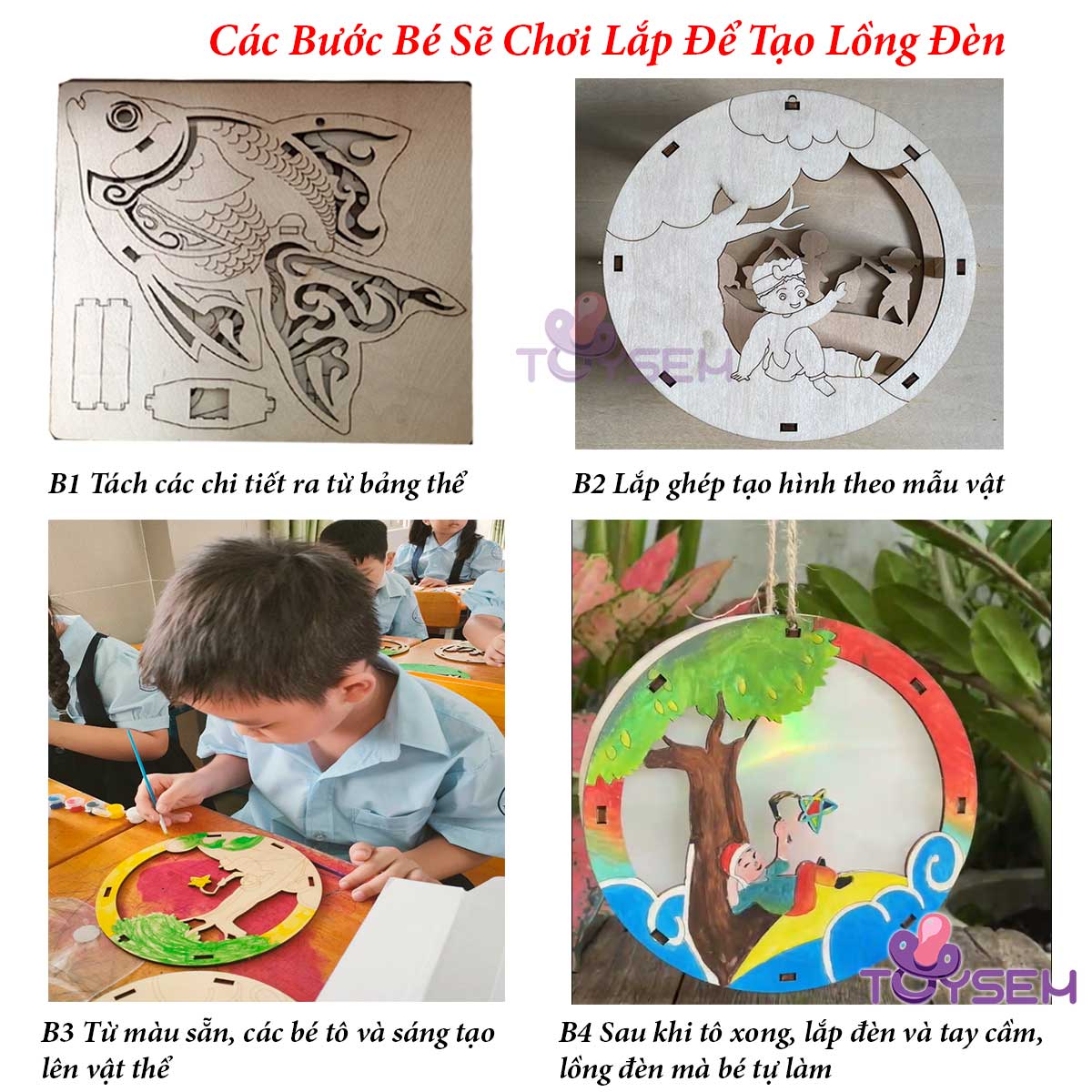 Đồ chơi lồng đèn trung thu DIY bằng gỗ Toysem vừa lắp ghép, tô màu, chơi rước đèn - Quà tặng sinh nhật trung thu cho bé