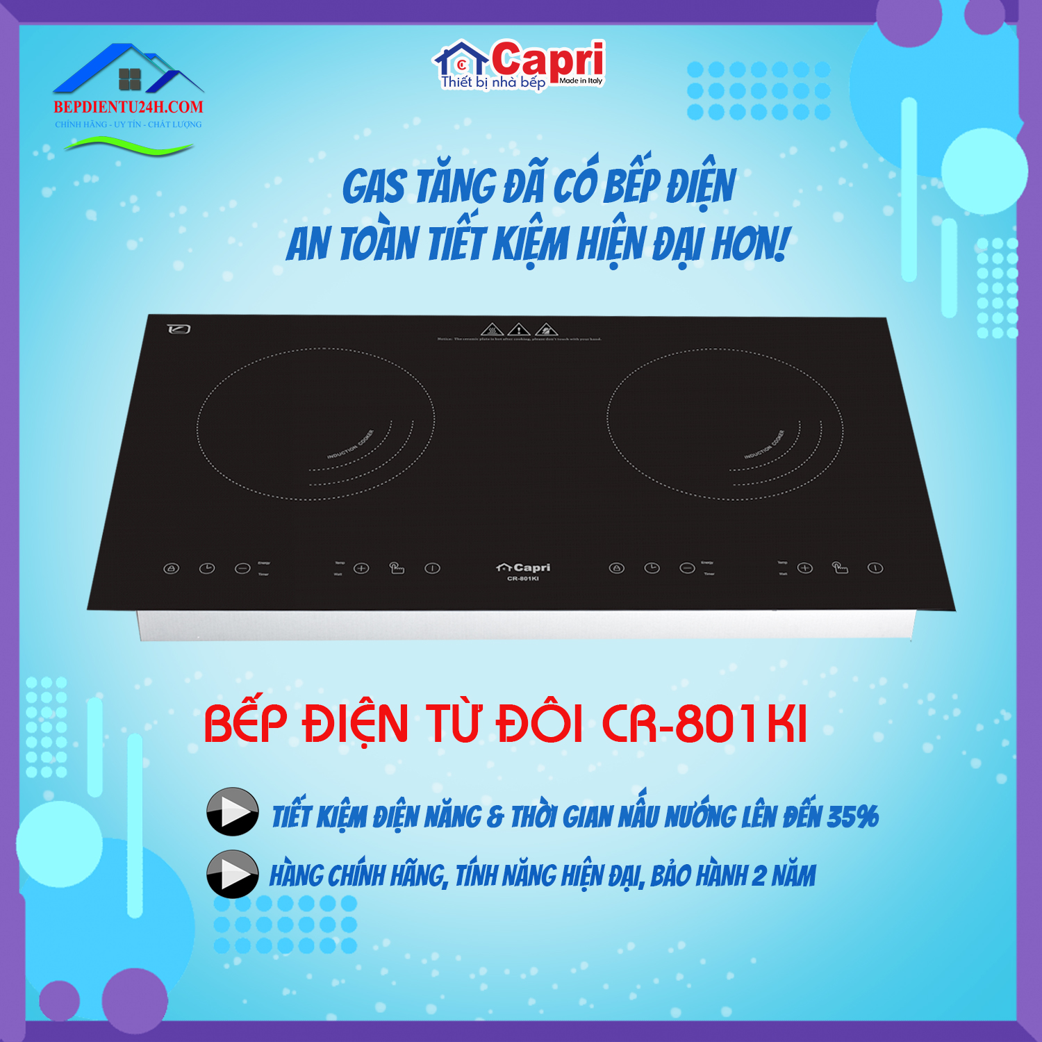 Bếp điện từ đôi Capri CR-801KI - Hàng Chính Hãng, Sản Xuất Theo Công Nghệ Tiên Tiến Châu Âu, Tiết Kiệm Điện Và Thời Gian Nấu Tối Ưu