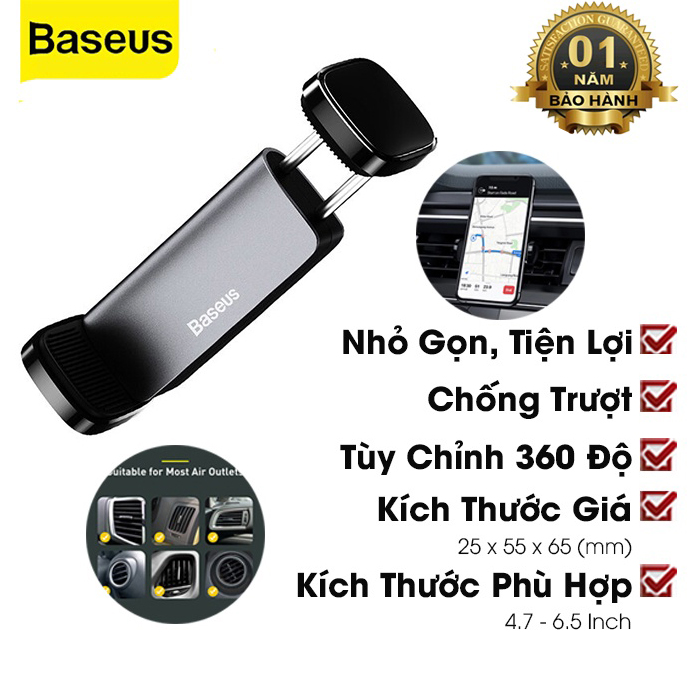 Giá Đỡ Điện Thoại Ô Tô Gắn Cửa Gió Baseus Nhỏ Gọn Xoay 360 Độ Phù Hợp Kích Thước 4.7-6.5 Inch - Hàng Chính Hãng