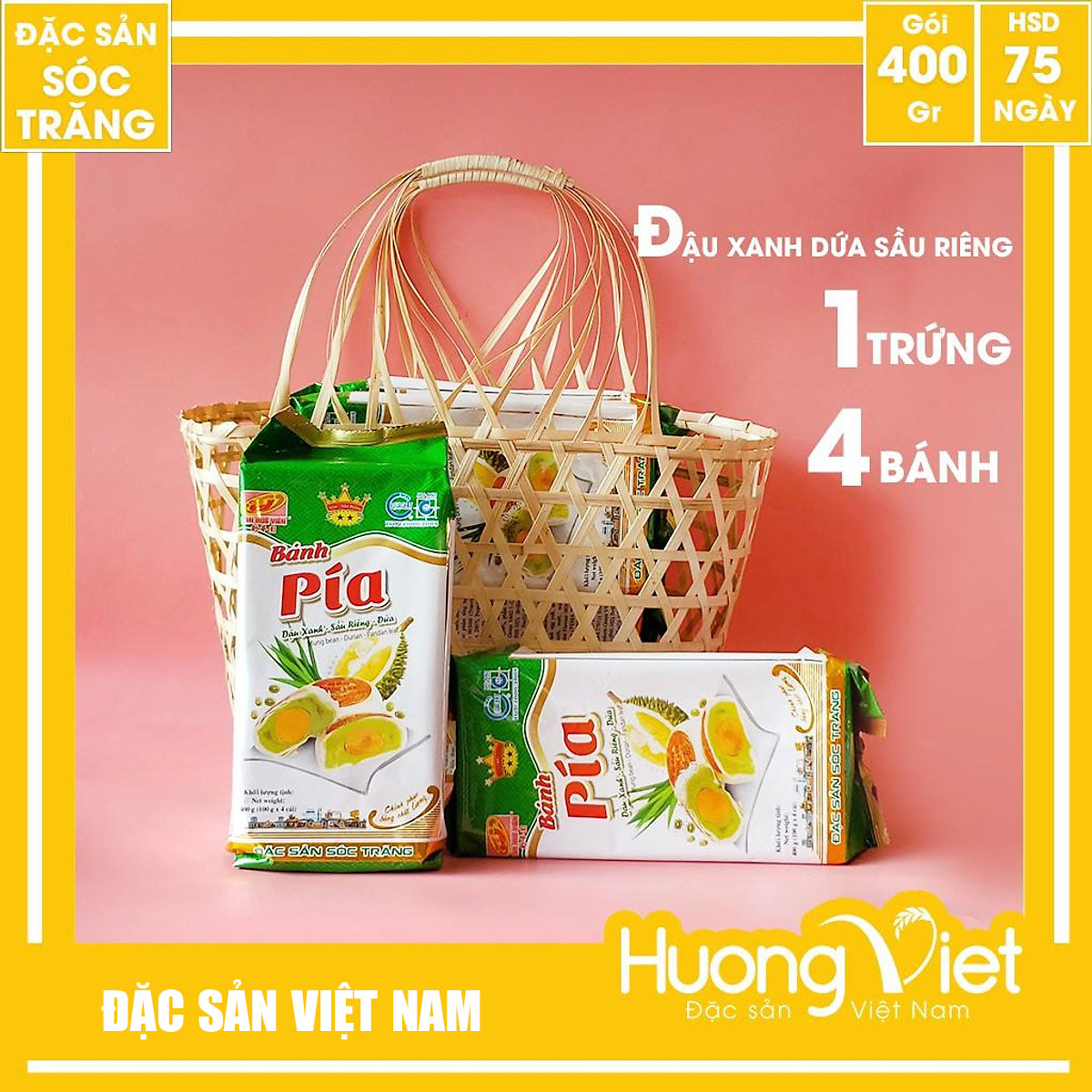 Bánh pía lá dứa sầu riêng trứng muối 400g, bánh pía Tân Huê Viên vị dứa thơm ngon 