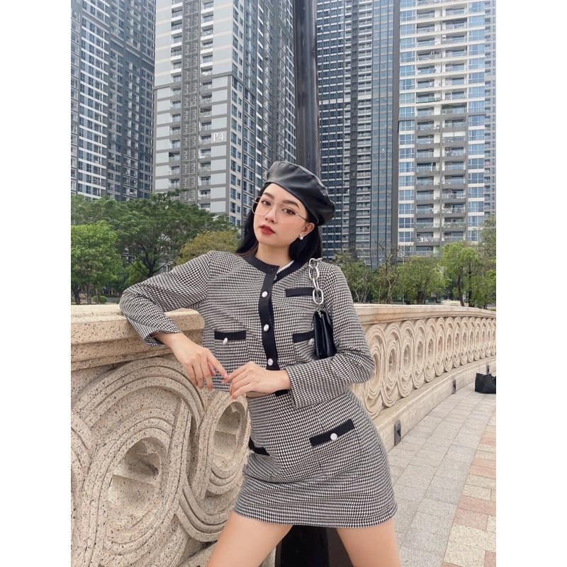 Set khoác caro & chân váy